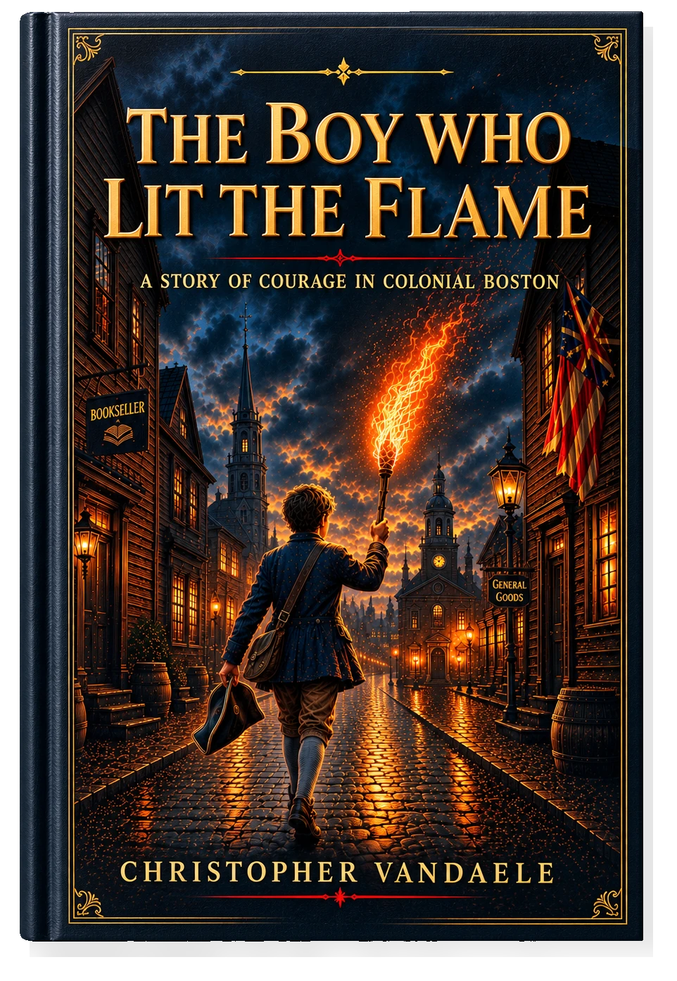 Hardcover of The Boy Who Lit the Flame by Christopher Vandaele — a boy walking a Colonial Boston street at night, carrying a torch.