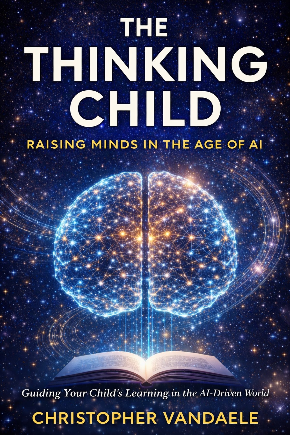 Cover of The Thinking Child by Christopher Vandaele: a star field, a wireframe brain, and an open book. Subtitle: Raising Minds in the Age of AI.